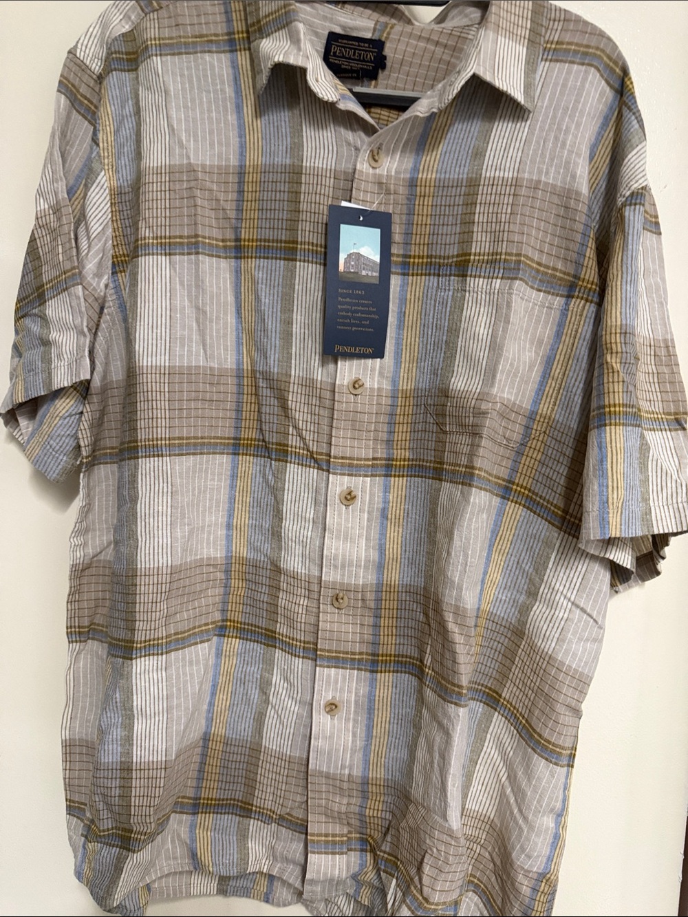 Pendleton Short-Sleeve Plaid Button-Down in Beige, Blue, and Gold Stripes